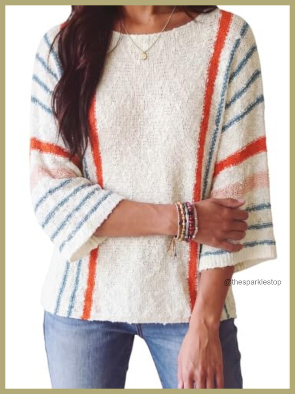Womens Crewneck 3/4 Sleeve Knit Pullover Sweater Textured Loose Fit
